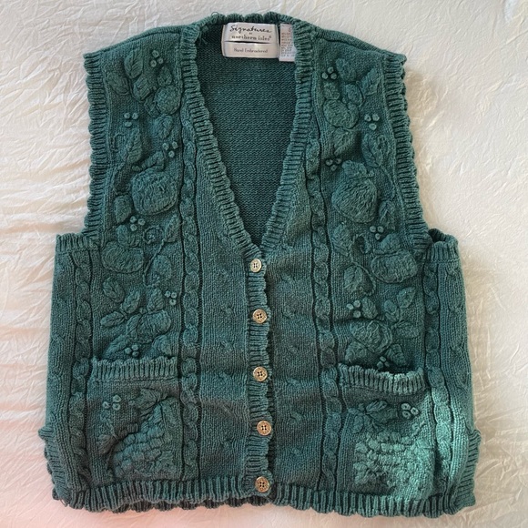 Vintage Sweaters - Vintage Sweater Vest Grandma Embroidered Forest Green Cottage Folk Holiday